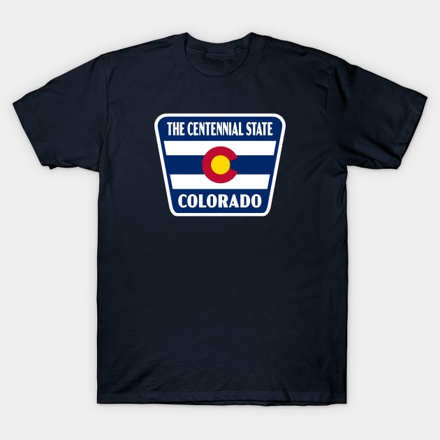 The Centennial State Colorado Retro Flag Badge (Blue) T-Shirt by deadmansupplyco